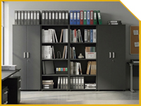 Gray office storage cabinet with open shelves holding binders, folders, and books in a tidy workspace area from a frontal view.