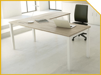 Light-filled office with a modern white desk, laptop, papers, and a black chair in the background?