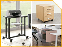 Collage of mobile office furniture: a printer on a metal rolling cart, a wooden 3-drawer pedestal on wheels, a pink mobile desk drawer unit, and a glass-top desk.