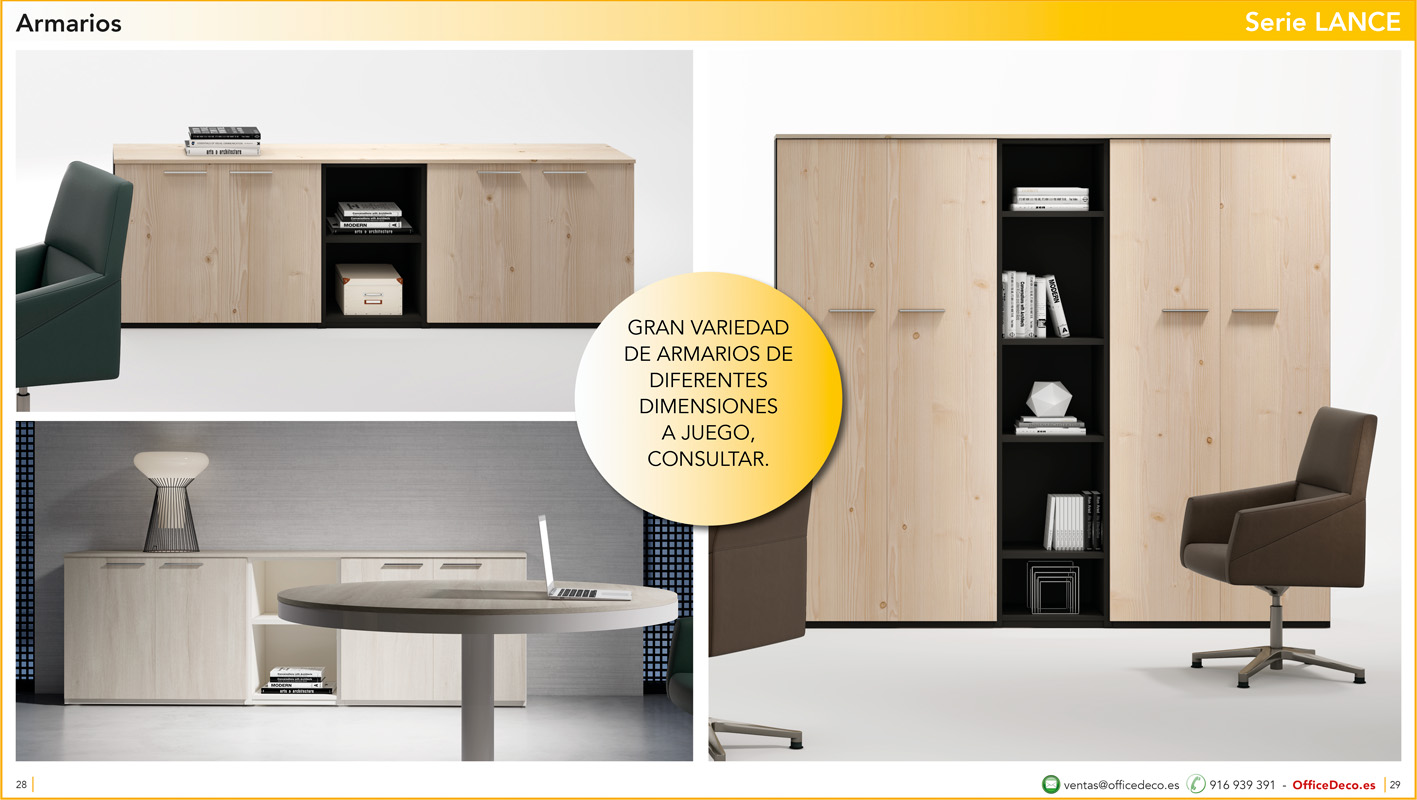 direccionlance14 | OfficeDeco Showroom image of LANCE series modular wardrobes in light wood, with open black-shelved center, and green and brown chairs; yellow promotional circle overlaps.