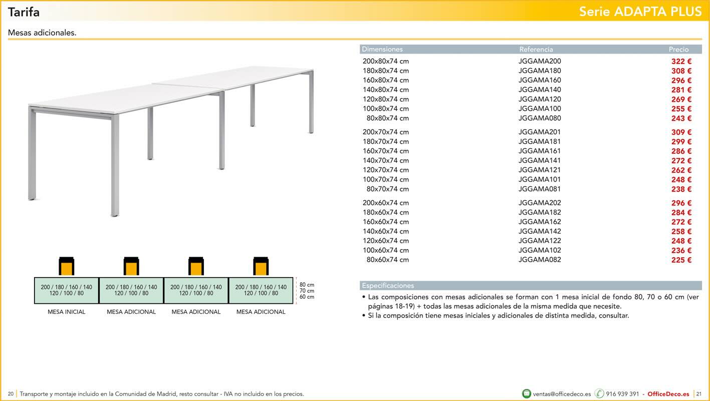 operativosadaptaplus10 | OfficeDeco Mesa blanca alargada de estructura metálica con piernas, mostrando configuración inicial y 3 mesas añadidas, junto a la tabla de dimensiones y precios.