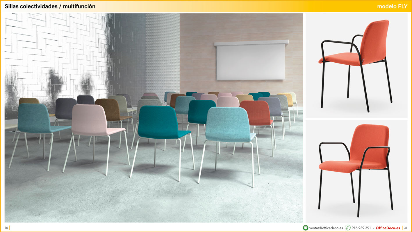 colectividades15 2 | OfficeDeco Conference room with rows of multicolored chairs facing a projector screen; left wall has a brick-like pattern, right side shows orange chairs with black legs as product examples.