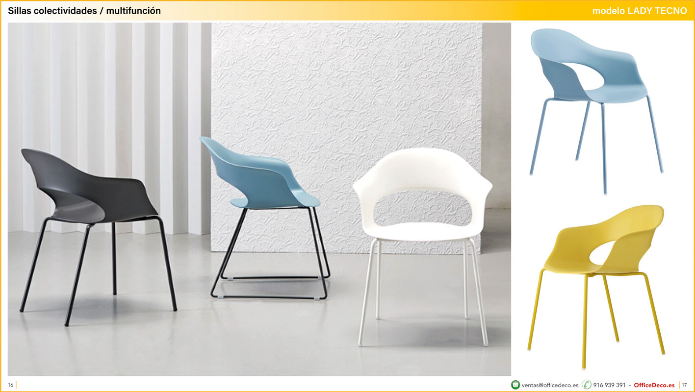 colectividades8 2 | OfficeDeco Assorted modern chairs in gray, blue, white and yellow with metal legs arranged in a bright showroom.