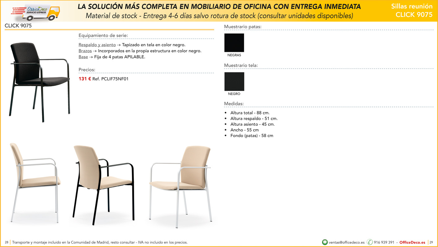 servicio express sillas 14 | OfficeDeco Catálogo de silla de oficina CLICK 9075 con imágenes de sillas beige y negro y especificaciones de medidas; precio 131 €.