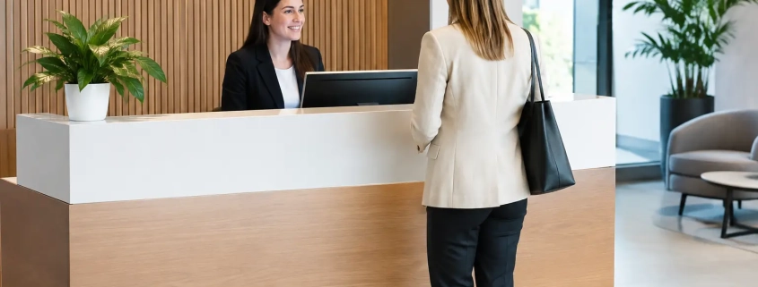 Cómo elegir mostradores de recepción para oficinas | OfficeDeco Receptionist in a black blazer smiles at a client standing at a white-and-wood front desk in a bright lobby with green plants nearby.
