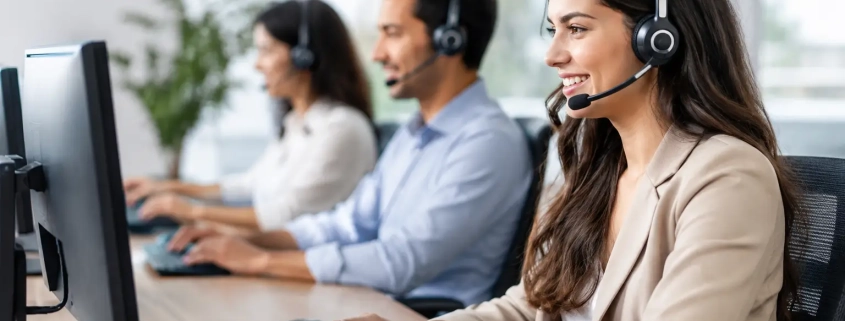 Mobiliario call center para equipos que rinden | OfficeDeco Three customer service agents wearing headsets work at computers in a bright office setting.