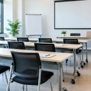 Mobiliario para salas de formación que funciona | OfficeDeco Empty training room with rows of light desks, black mesh chairs, a large projection screen, flip chart, and a laptop on the front table.