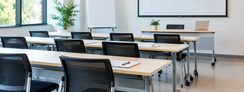 Mobiliario para salas de formación que funciona | OfficeDeco Empty training room with rows of light desks, black mesh chairs, a large projection screen, flip chart, and a laptop on the front table.